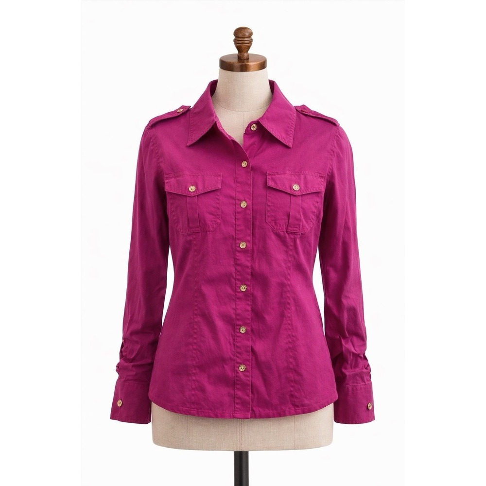 Tory Burch‎ Button Front Shirt Sz 0 Magenta Pink Designer Preppy Roll Tab Sleeve